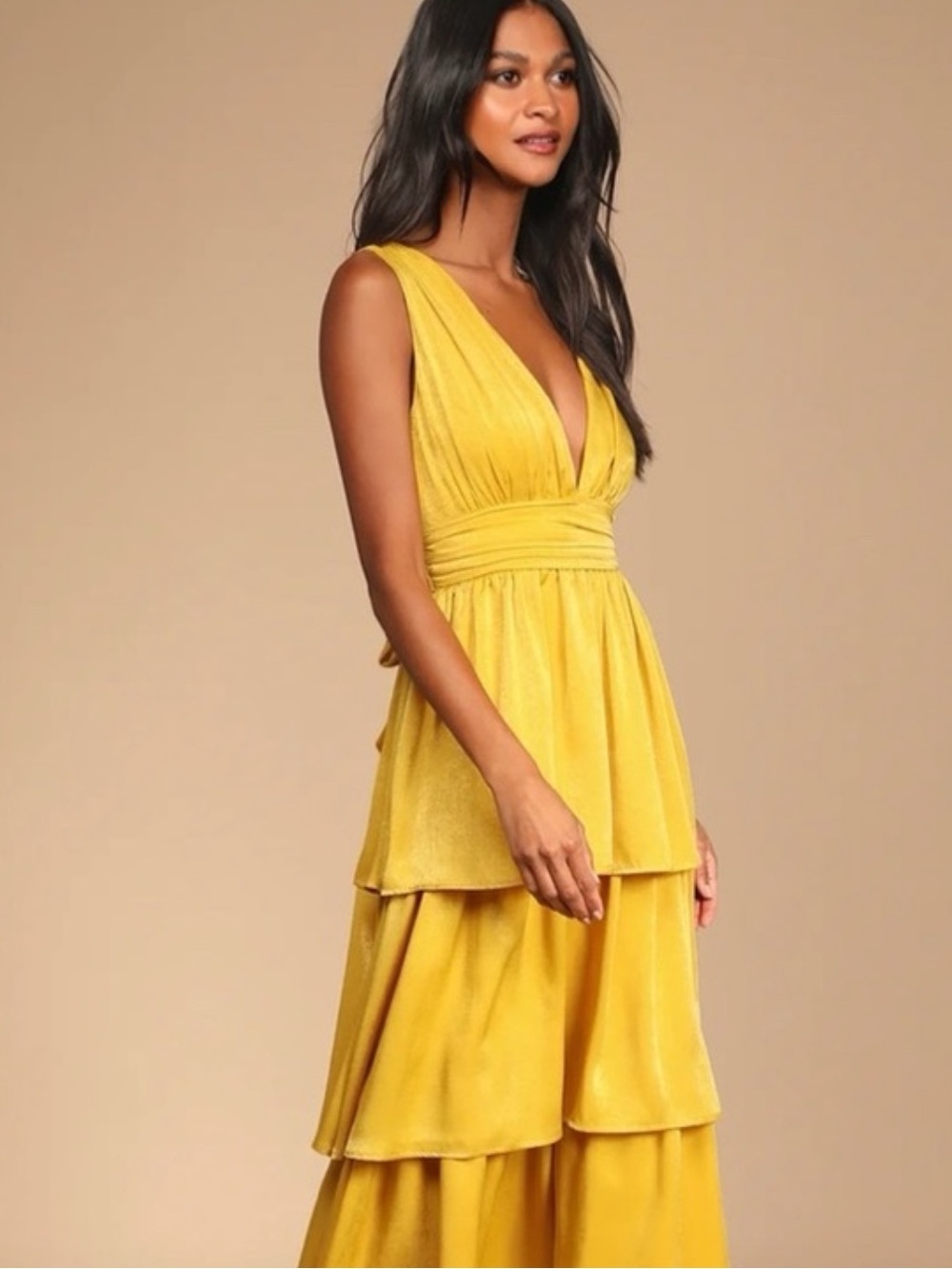 Lulus Peak Party Vibe Mustard Yellow Satin Tiered Tie-Back Midi Dress
